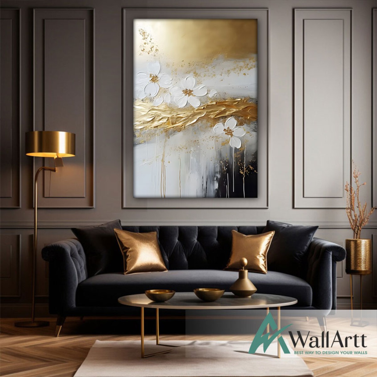 Abstract White Flowers with Gold II 3d Heavy Textured Partial Oil Painting - Wall Art